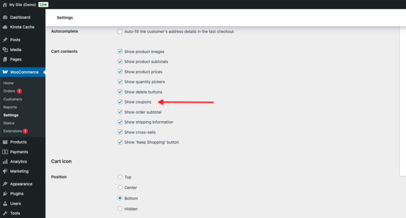Enable the WooCommerce checkout coupon field, add coupon to checkout
